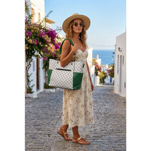 Women's MKF Collection Tote Bag White Green Check w/ wallet 
13.5 x 11 x 5